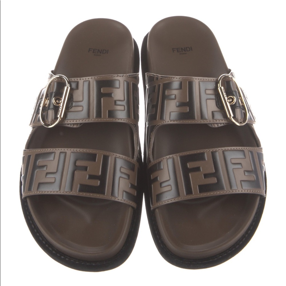 FENDI Zucca FF Logo Leather Slides